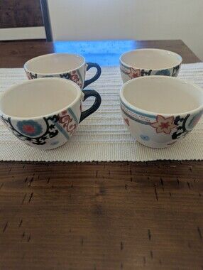 Ceramic Floral Pattern Coffee Mugs- Blue and Cream (Set of 4)